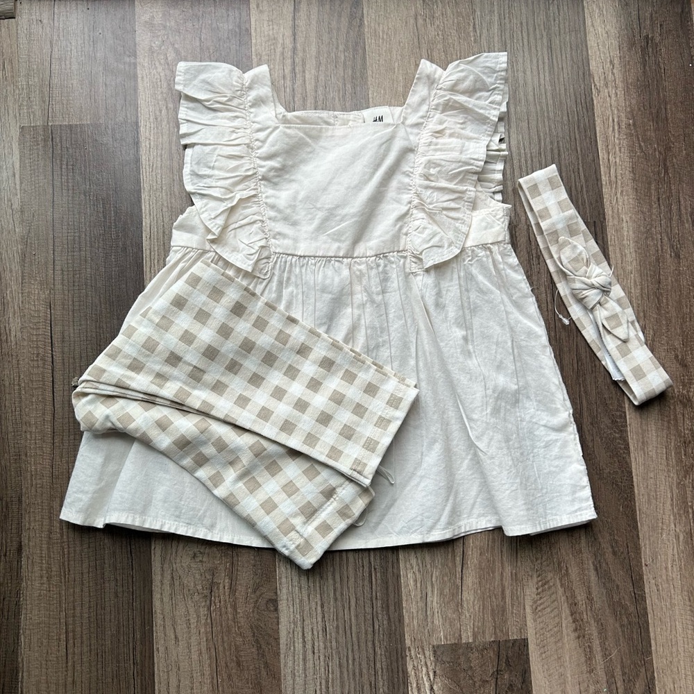 Toddler 3 piece set. White top with beige and white gingham pants and headband.